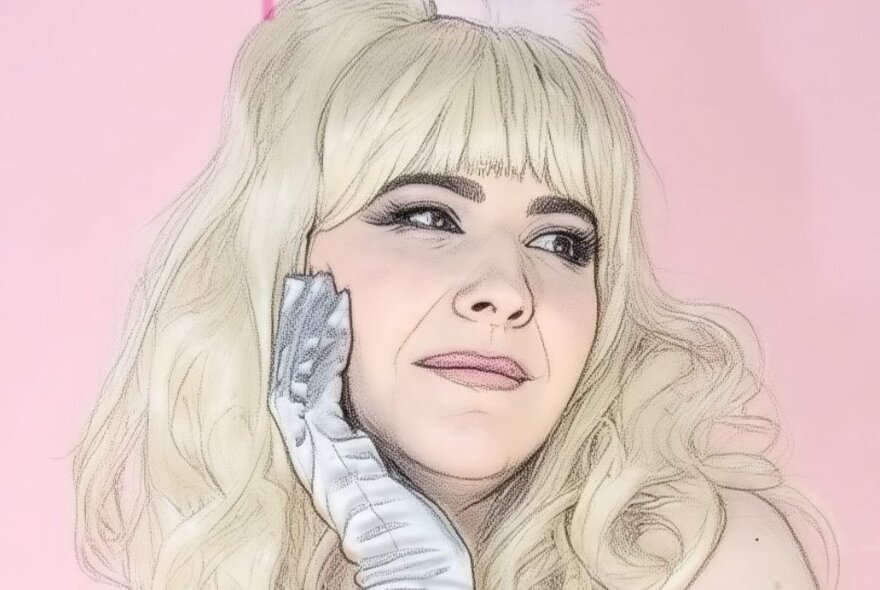 An illustration of a woman with platinum blonde hair and a thick fringe looking to her left with a white gloved hand on her face, smiling slightly