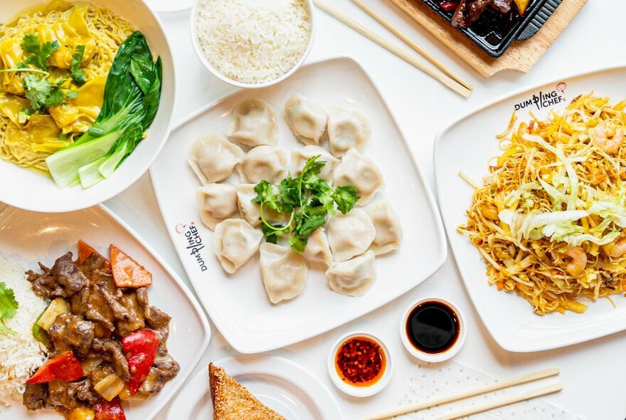 Aerial view of white plates of food on a tabletop including noodles, dumplings, bok choy and a beef dish.