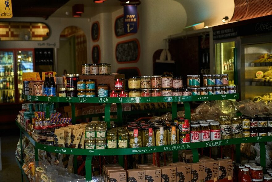 Shelves of grocery products inside Spring Street Grocer.