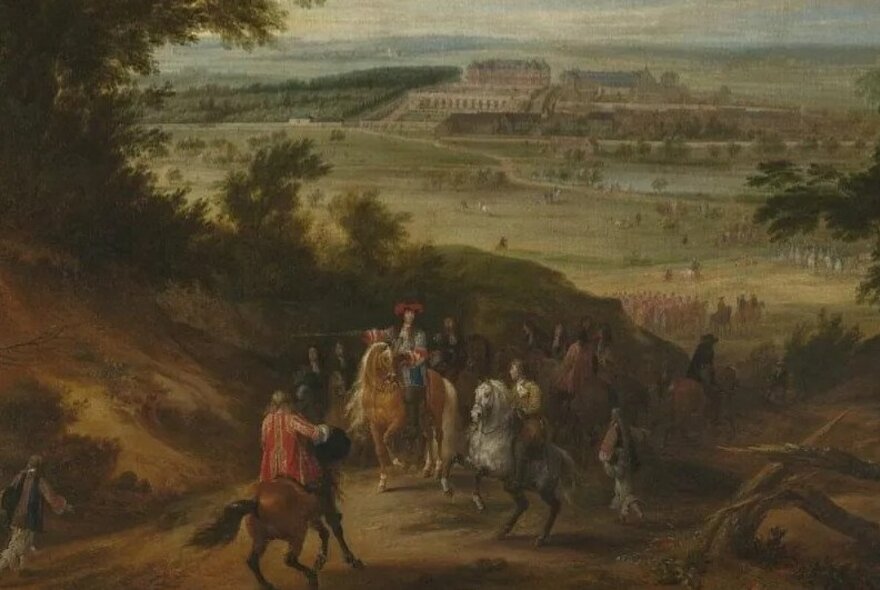 A 16th century oil painting of aristocratic men riding horses with the Palace of Versailles in the background.