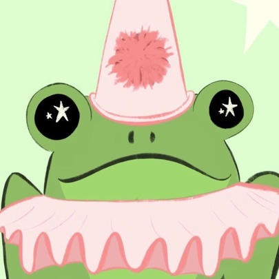 A cartoon image of a green frog wearing a pink tutu and pink party hat with a pompom.