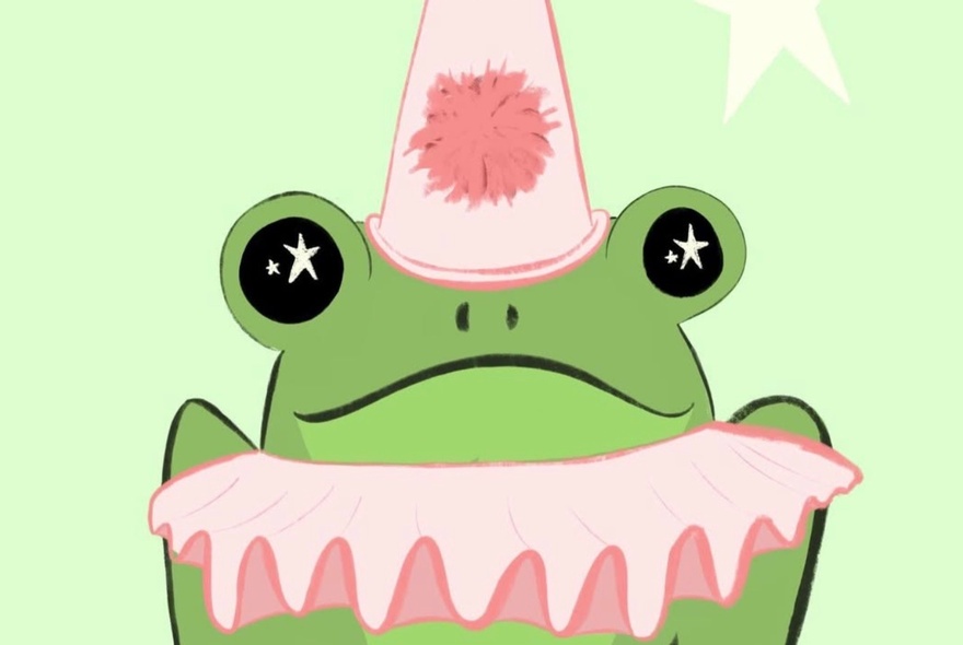A cartoon image of a green frog wearing a pink tutu and pink party hat with a pompom.
