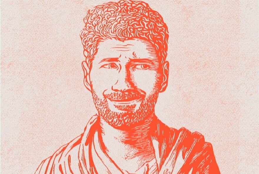 An orange, hand-drawn portrait of a modern young man with a smirking expression, portrayed as a Greek God.