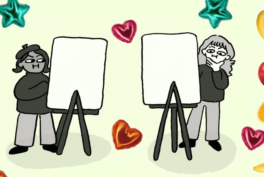 An illustration of two people drawing on large pieces of canvas on easels, one looking peeved at the other. Random hears and stars are placed over this illustration.