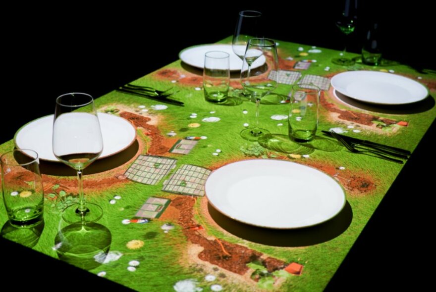 Dining table set for dinner with four white plates and glasses, grass-themed tablecloth.