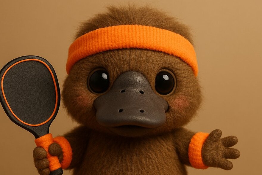 A platypus soft toy wearing an orange headband and holding a pickleball racket in its hand.