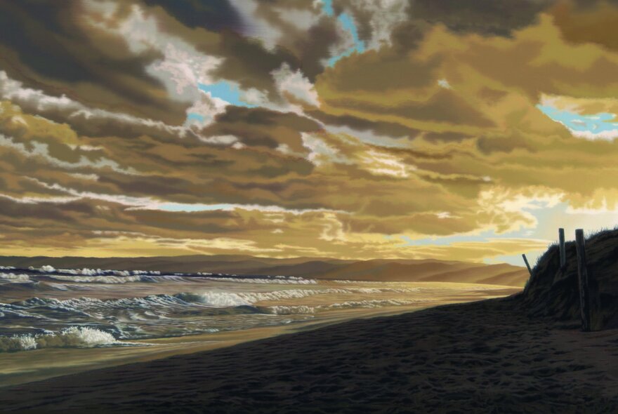 A landscape painting showing the ocean at sunset with dark yellow tones and strong cloud patterns, a dune in the right hand corner.