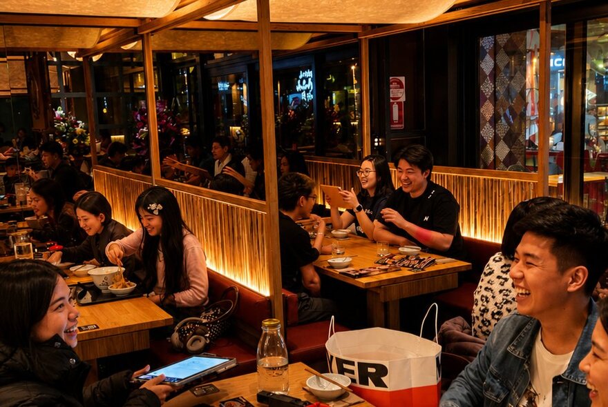 Booth Japanese dining with low lighting and youthful customers.