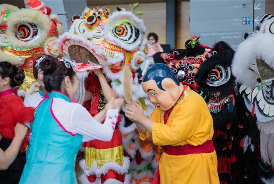 Lunar New Year celebrations with dragons and people wearing masks.