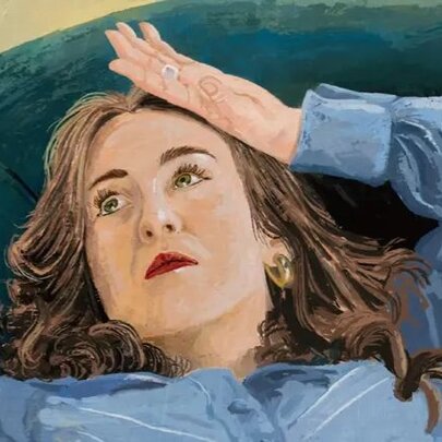A painted portrait of comedian Meg Jäger, as she reclines back on a green lounge with the back of her hand against her forehead.