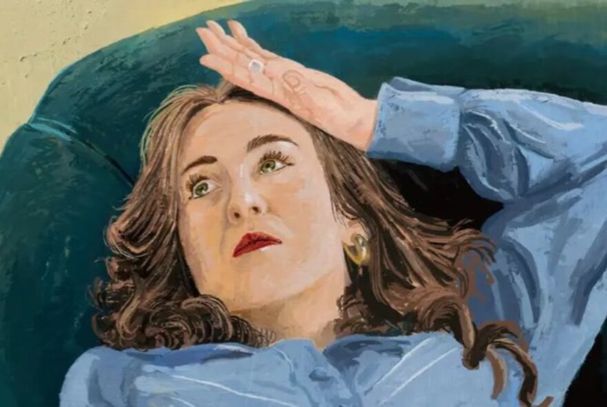 A painted portrait of comedian Meg Jäger, as she reclines back on a green lounge with the back of her hand against her forehead.