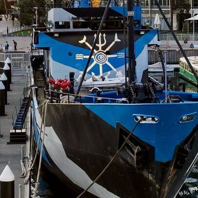 The historic anti-whaling vessel MV Steve Irwin berthed in the water at the Melbourne City Marina in Docklands. 