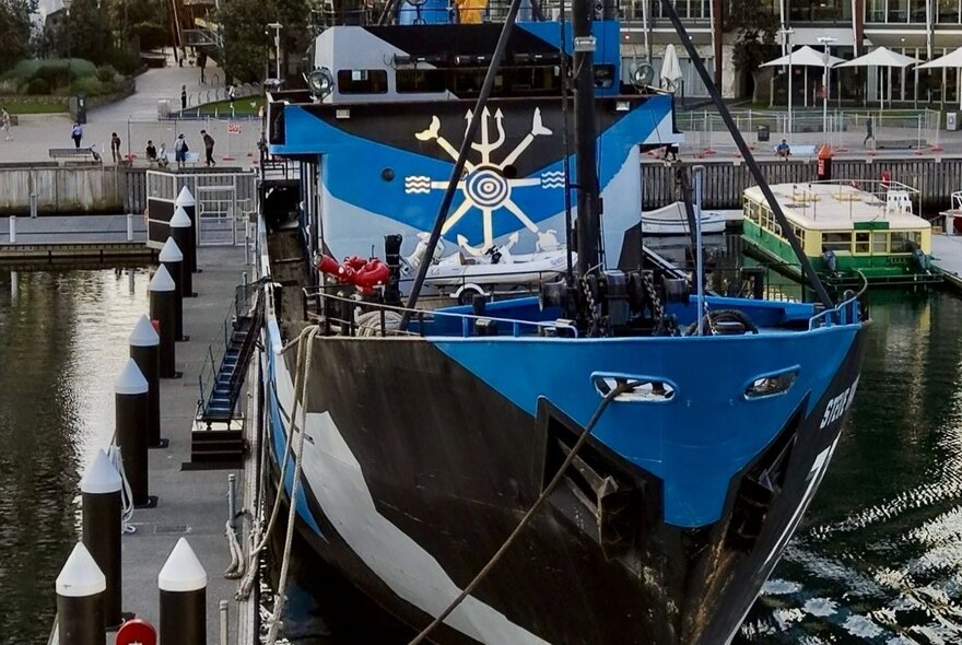 The historic anti-whaling vessel MV Steve Irwin berthed in the water at the Melbourne City Marina in Docklands. 