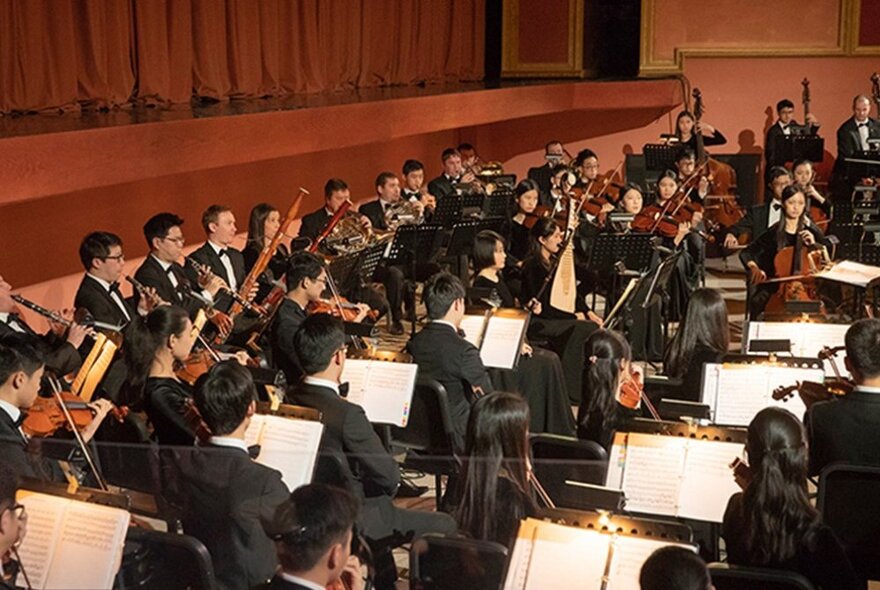 A classical Chinese orchestra performing in an auditorium.