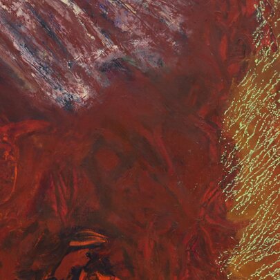 Artwork in deep red hues with a pattern if think gold strokes down the right side and smudges of white above. 