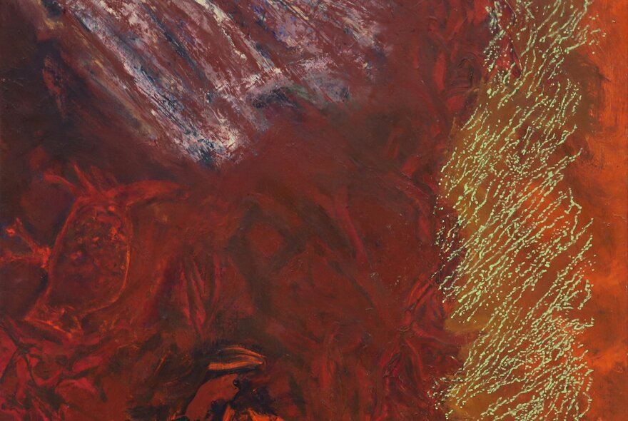 Artwork in deep red hues with a pattern if think gold strokes down the right side and smudges of white above. 