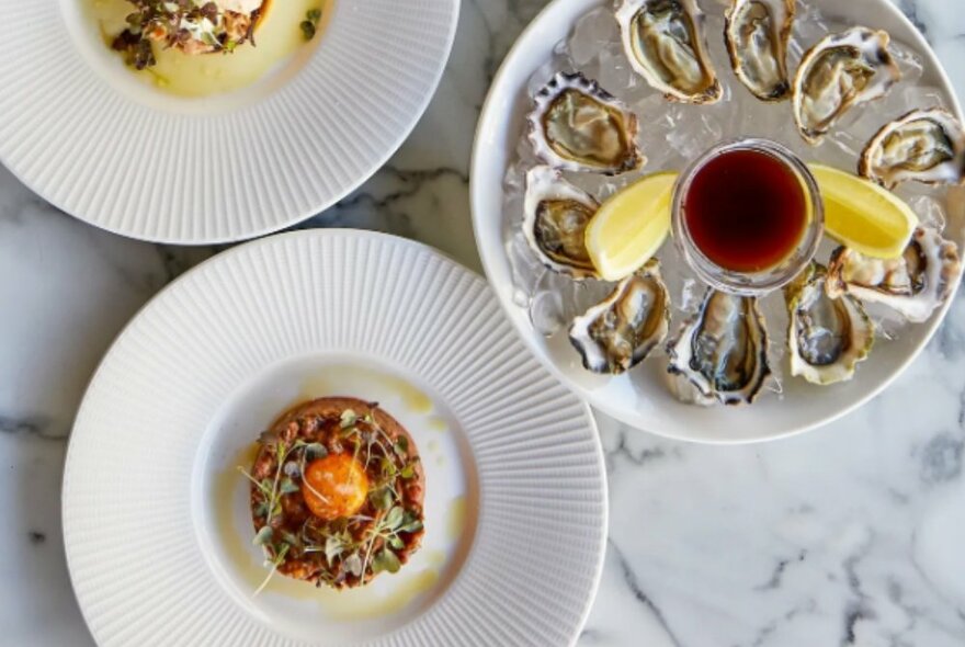 French dishes on a marble table including a plate of oysters and steak tartare.