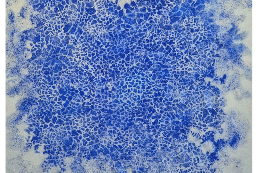 Artwork showing a blue speckled pattern on a white background. 