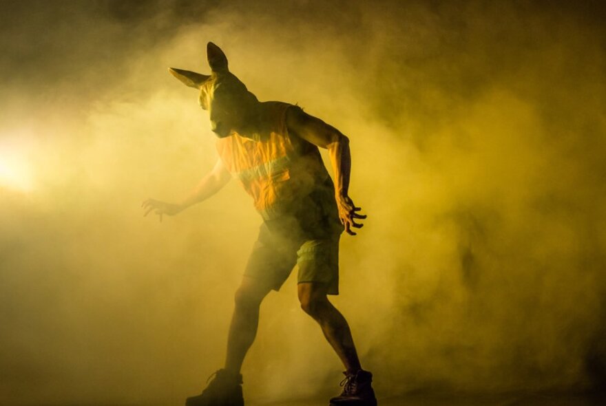 A person wearing shorts and an animal head mask on a smoke-filled stage.