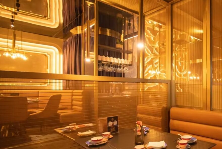 Interior of restaurant showing semi-private booth area with a table set for service and orange coloured chairs.