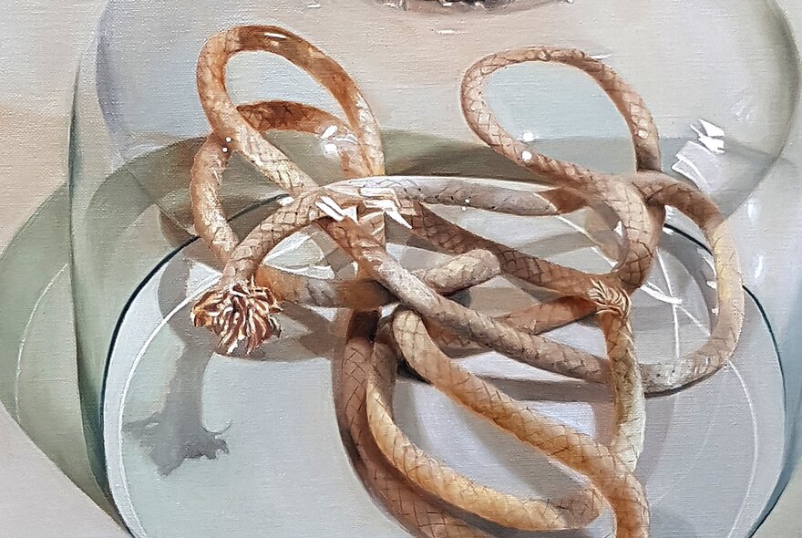 Still life oil painting of a length of coiled rope under a glass dome.