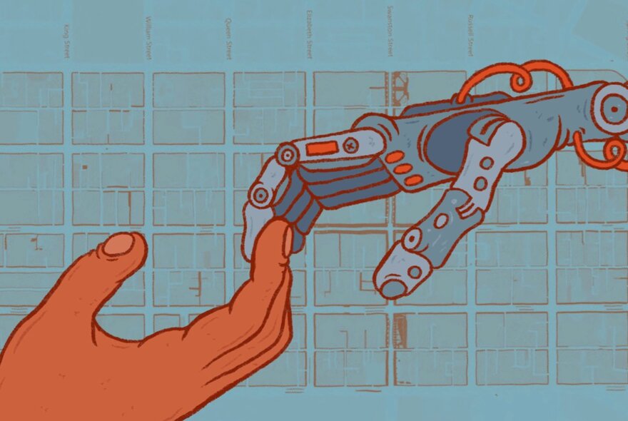 Blue and orange illustration of a human hand touching with a robot hand.