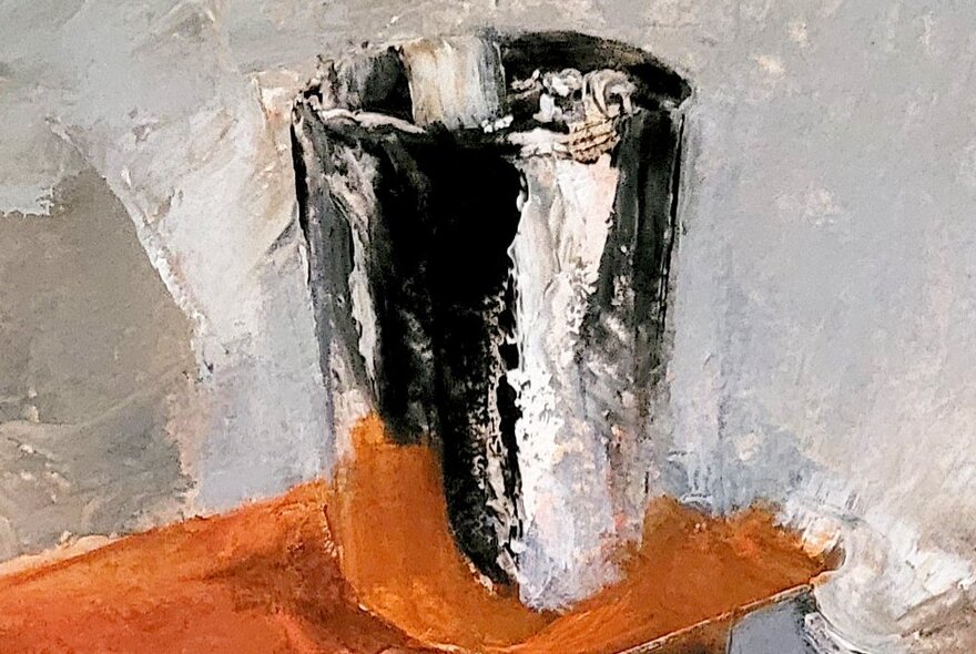 Oil painting of a vase in rough painterly brushstrokes.