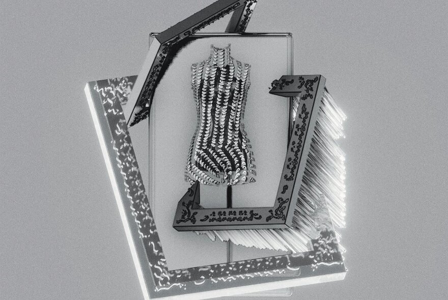 A two-dimensional image of a tailor's mannequin surrounded by a three dimensional picture frame.