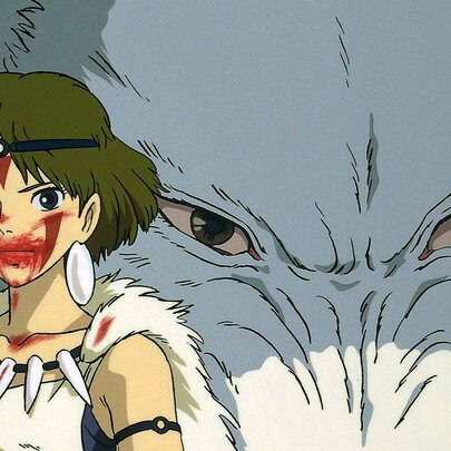 Still from a Japanese Anime movie showing a woman warrior with blood on her face, with the snarling face of a wolf behind her.