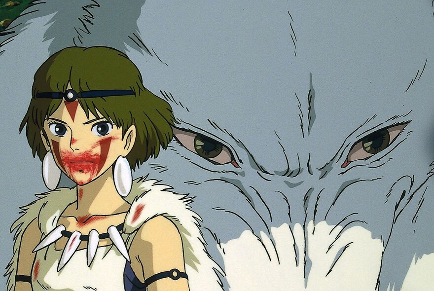 Still from a Japanese Anime movie showing a woman warrior with blood on her face, with the snarling face of a wolf behind her.
