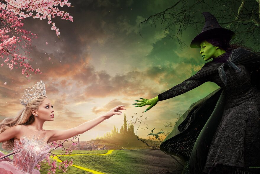 A still from the movie Wicked showing the two characters of the Good Witch and the Wicked Witch reaching their arms out with their hands almost touching.