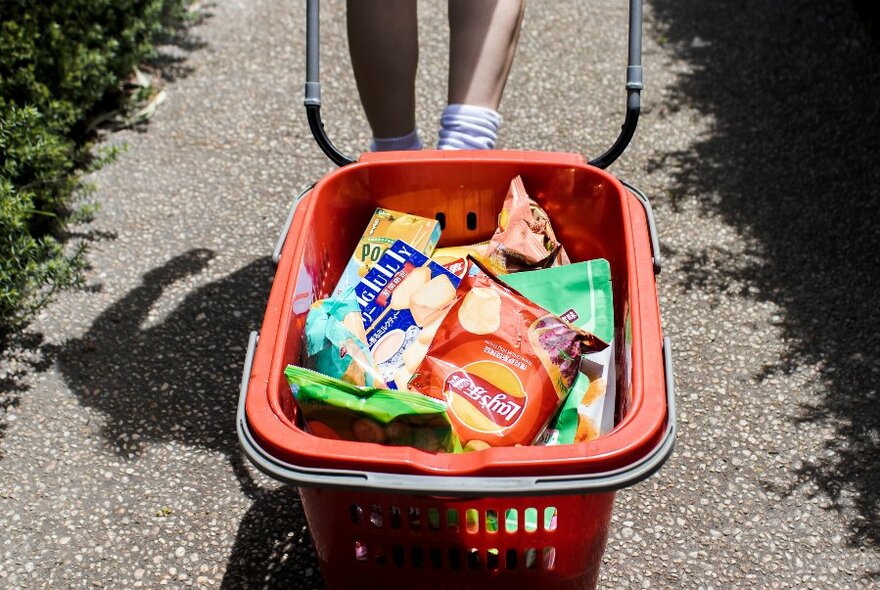 Red shopping basket with goodies, legs behind.