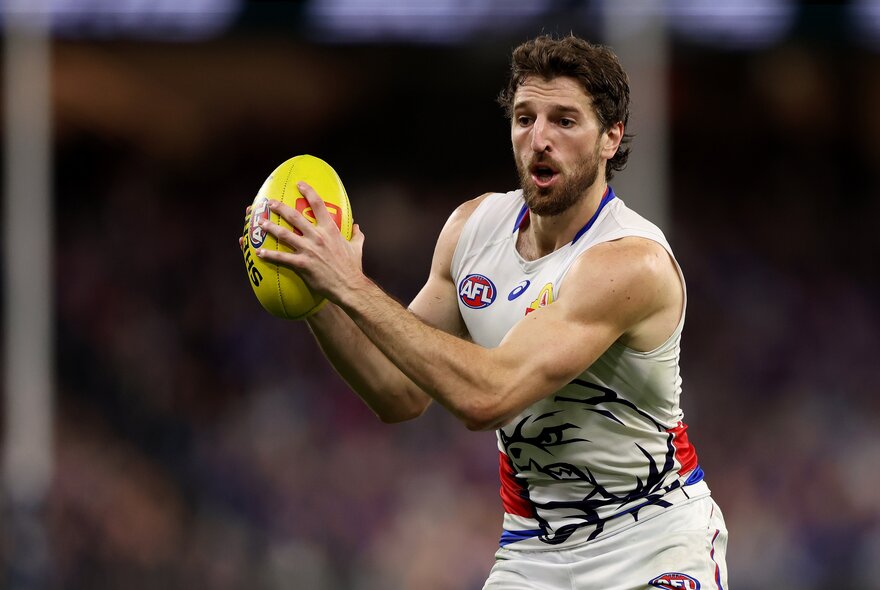 A Western Bulldogs AFL player holding a yellow football during a game.