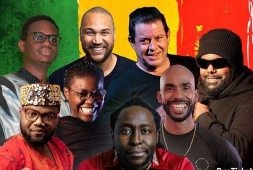 A collection of faces of the comedians performing at a comedy night, set against a green, yellow and red backdrop.