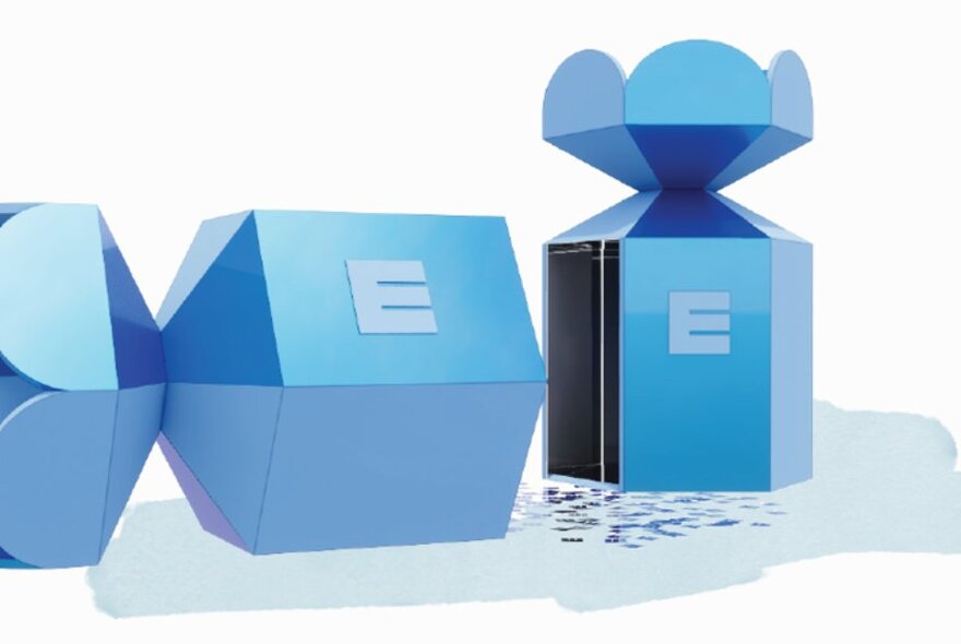 An artists impression of a giant broken blue bon bon with the letter 'E' on the side. 