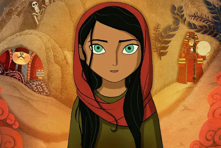 An illustration of an Afghan girl from the animated film The Breadwinner, looking forward with green eyes while wearing a red head covering and a green shirt.
