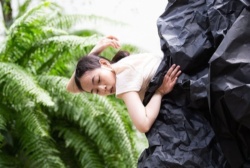 Person lying under black plastic in ferns.