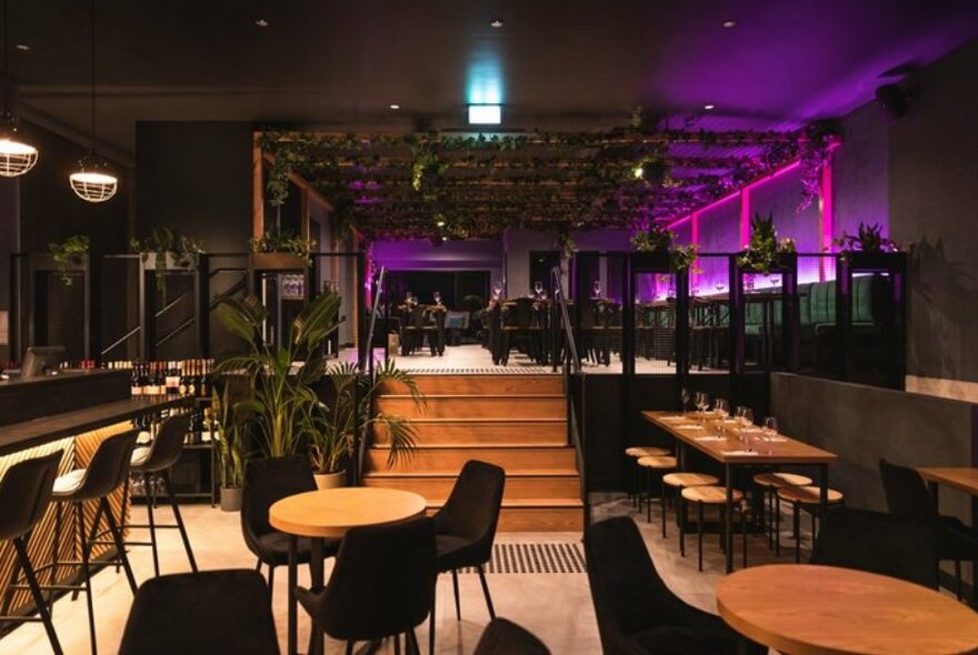 The empty interior of a restaurant with neon lighting. 