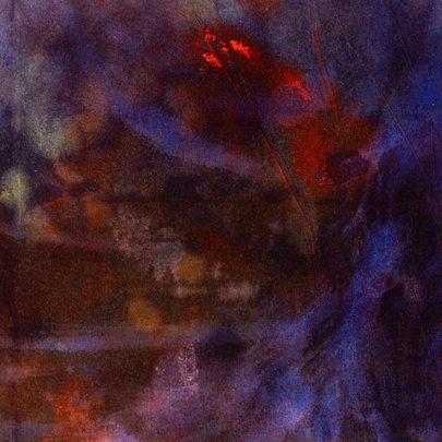 Abstract acrylic painting with a blending texture of deep purples, blues, dark browns, and vibrant splashes of fiery red across the canvas.