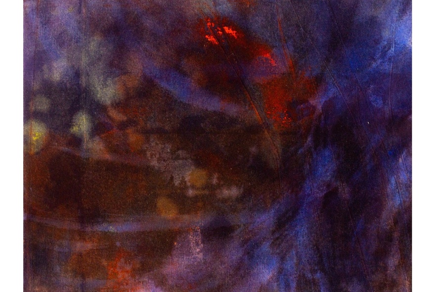 Abstract acrylic painting with a blending texture of deep purples, blues, dark browns, and vibrant splashes of fiery red across the canvas.