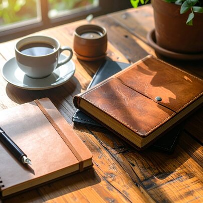 Two leather bound notebooks and a spiral notebook next to a black coffee, a candle and a pot plant on a rustic wooden table in the dappled sun.