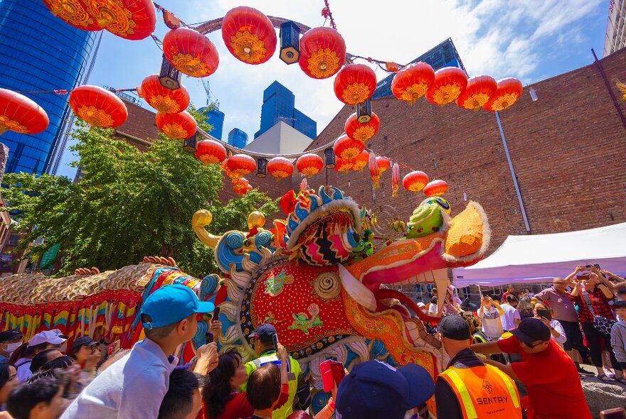 Crowds watching colourful performers in the dragon parade under red lanterns. 