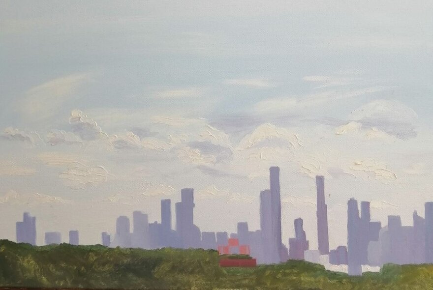 Painting in muted colours of a city skyline in the distance, with a cloudy sky.