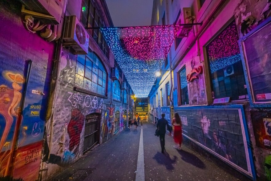 Colourful Christmas lights above AC/DC lane. 