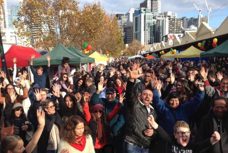 Large crowds gathered outside Queen Victoria Market stalls in celebration of the Taste of Portugal festival.