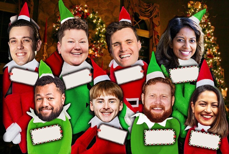 The faces of comics superimposed onto green and red graphic illustrations of elves.