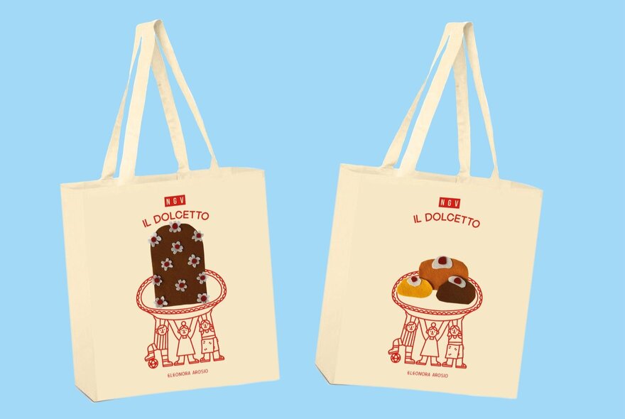 Two decorated tote bags on a sky blue background. 