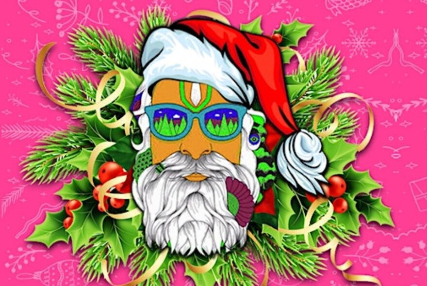 Bollywood Santa illustration wearing sunglasses with forehead marking surrounded by holly and streamers.