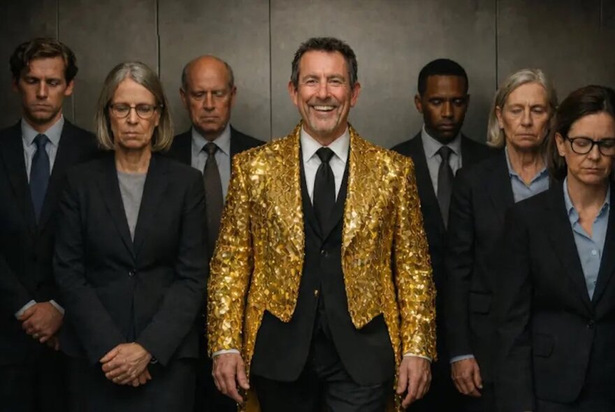 A smiling man wearing a sparkling gold jacket looks directly at viewer, while on either side of him are three people wearing dark plain business suits with downcast faces and heads, their hands clasped in front of them.