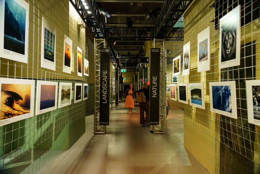 An exhibition space featuring photography zones like Landscape and Nature with photos hanging on room dividers; part of the SceneScape expo.